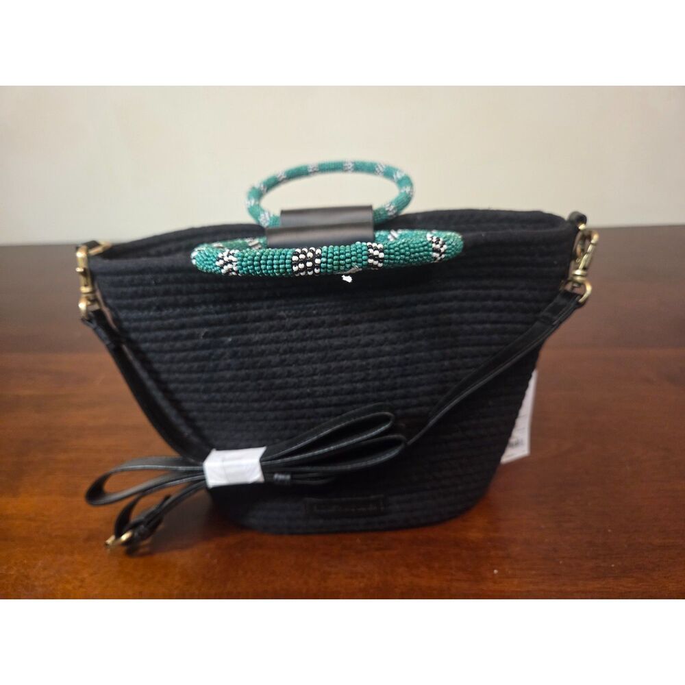 Elizabeth and James Black Woven Handbag Beaded Handle Crossbody Purse NWT
